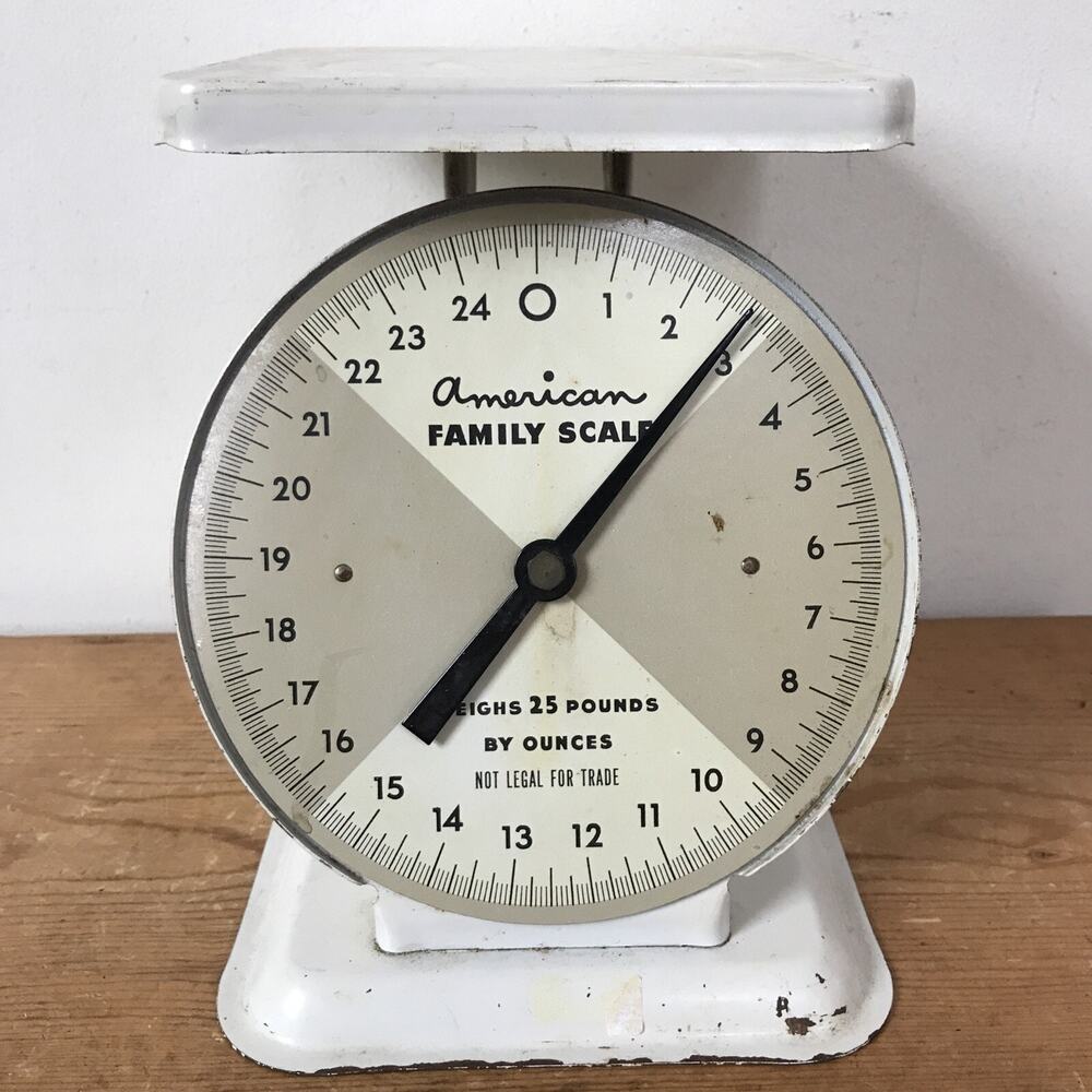 Vintage Antique American Family White Gray Enamel Metal Baby Scale 25lbs